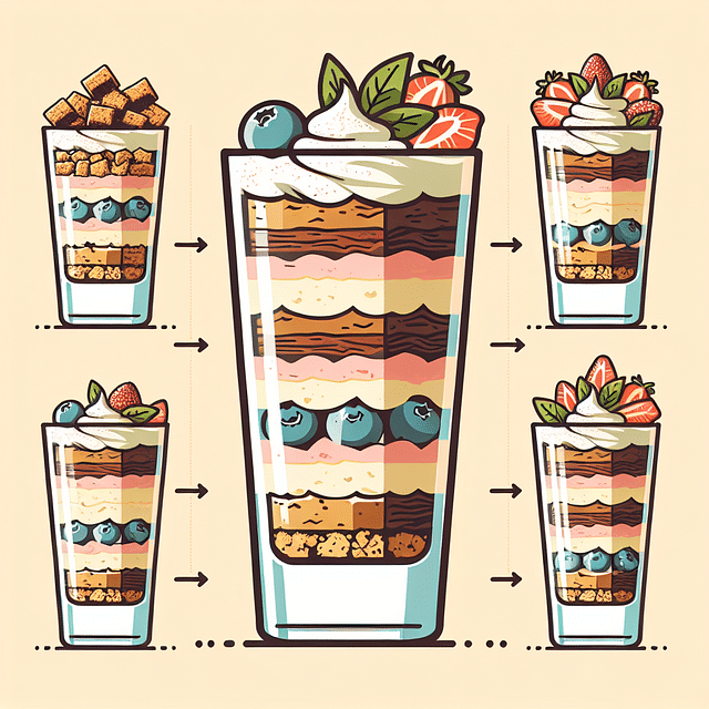 parfait glasses layered with blondie crumbles, fruit, and cream