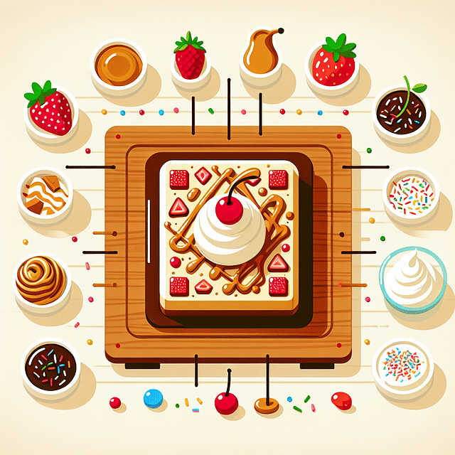 a table with blondie squares and assorted sundae toppings