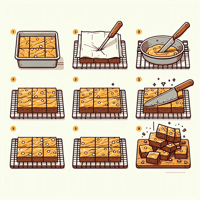 Baked blondies cooling on a wire rack, then being cut into squares