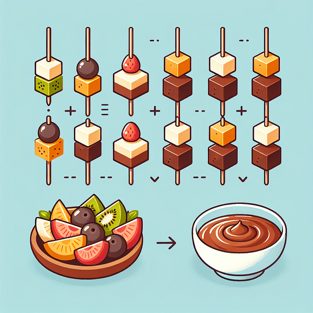 mini skewers with blondie cubes and fruit with a chocolate dip on the side