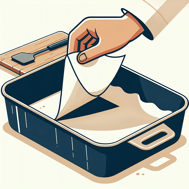 Parchment paper being placed in a greased baking pan