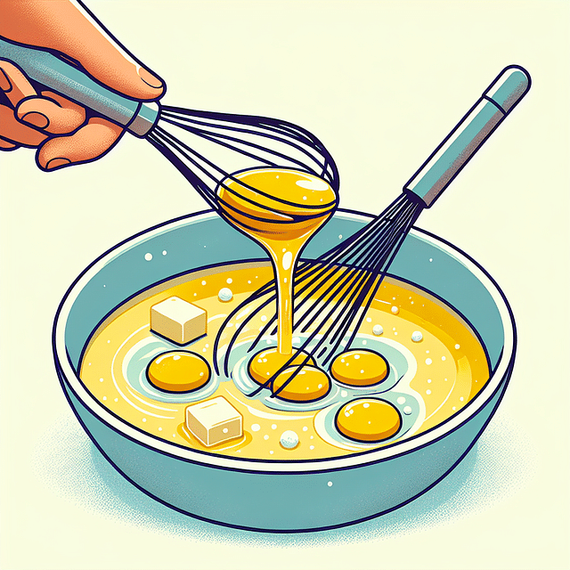Eggs being whisked into a butter and sugar mixture with a splash of vanilla