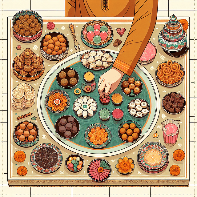 final touches on an Indian dessert table