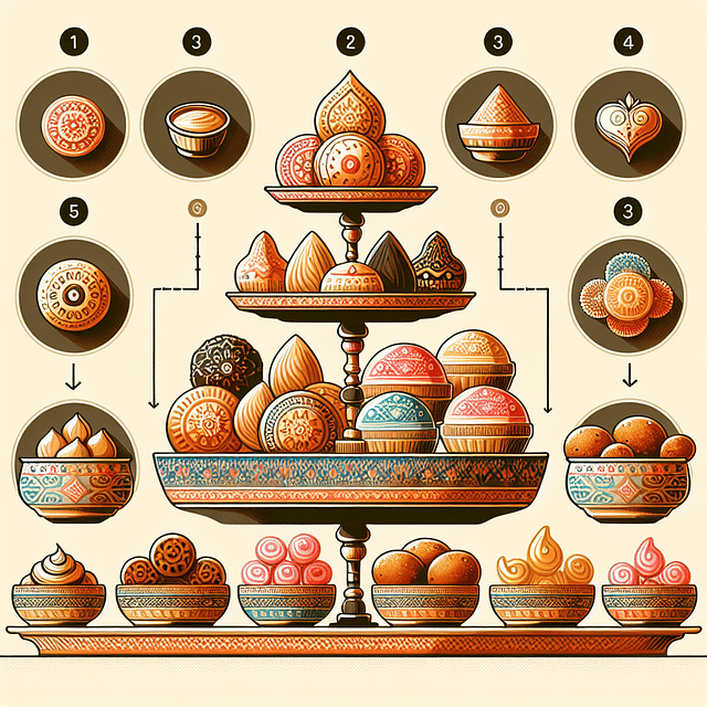 assorted traditional Indian desserts on elegant platters