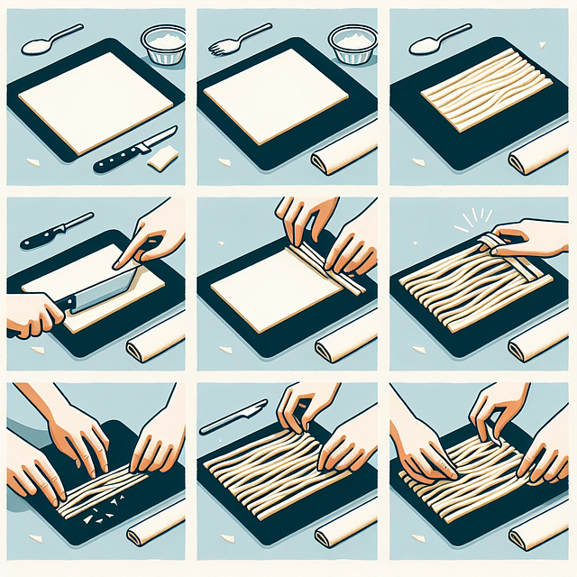 cutting and twisting puff pastry into strips