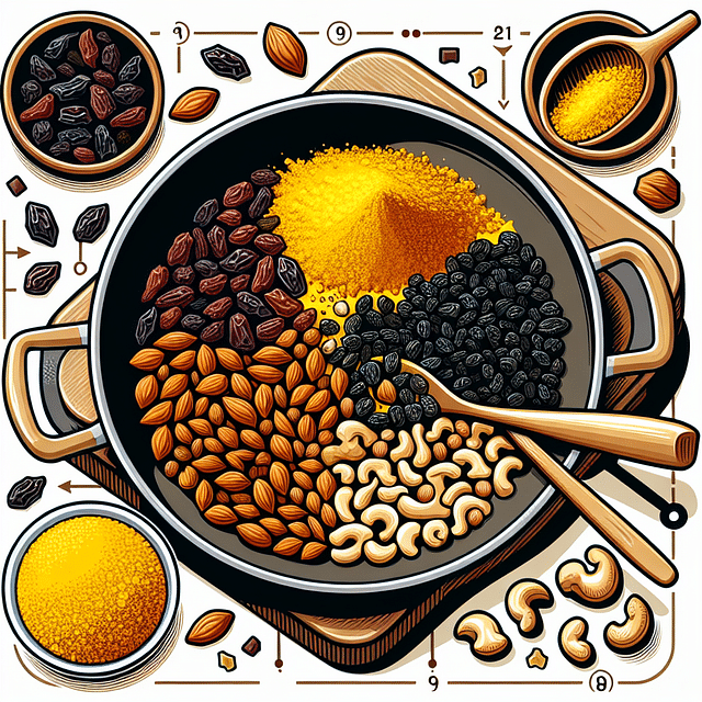 mixing turmeric and raisins with nuts in a pan
