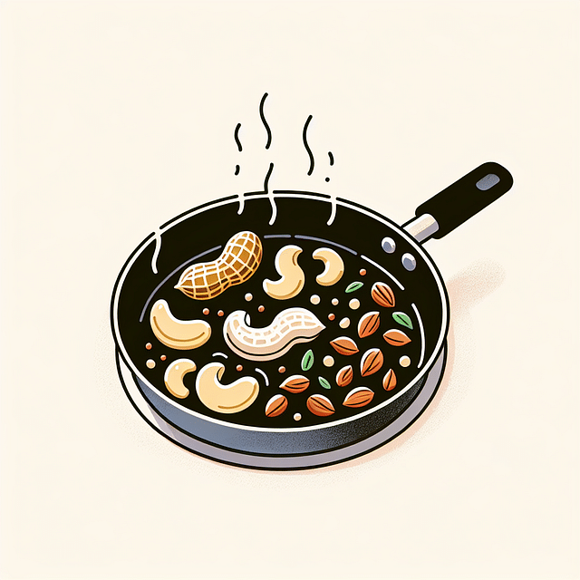 frying peanuts, cashews, and mustard seeds in a pan
