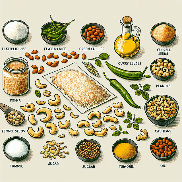 assorted ingredients for poha chivda neatly arranged