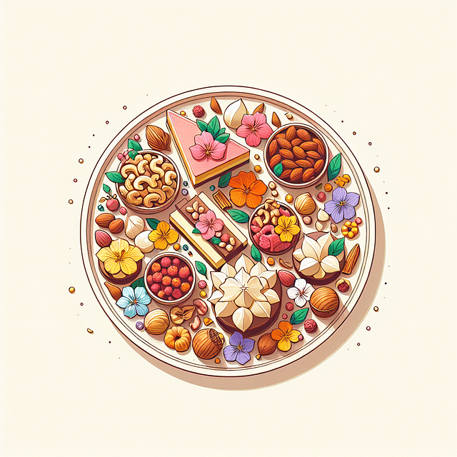 dessert platter garnished with nuts and edible flowers