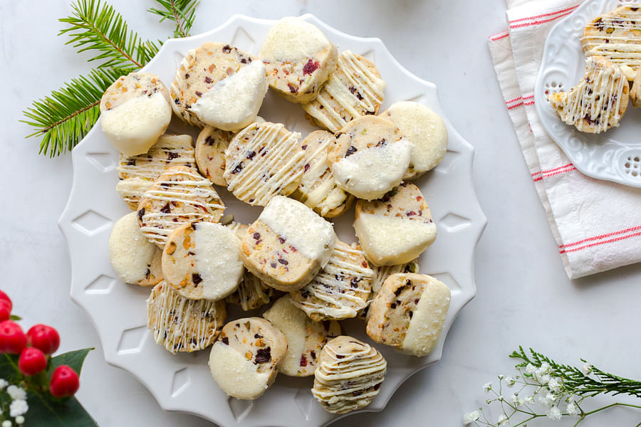 chocolate dipped pistachio shortbread cookies