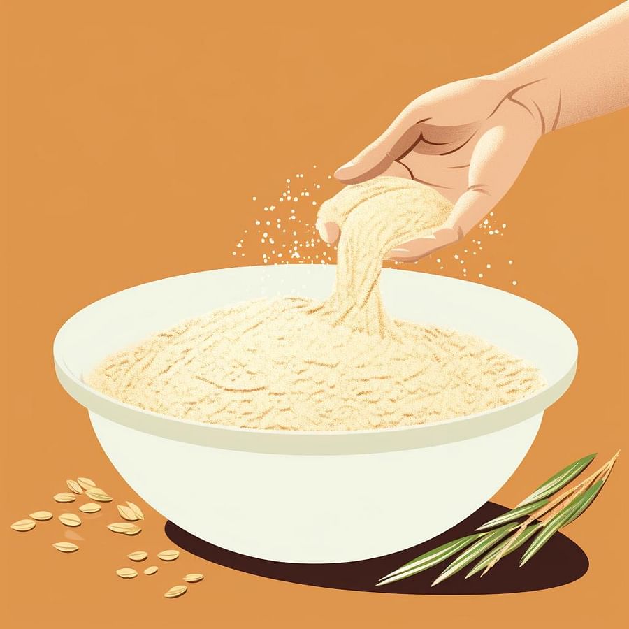 A hand pouring a blend of gluten-free flours into a mixing bowl