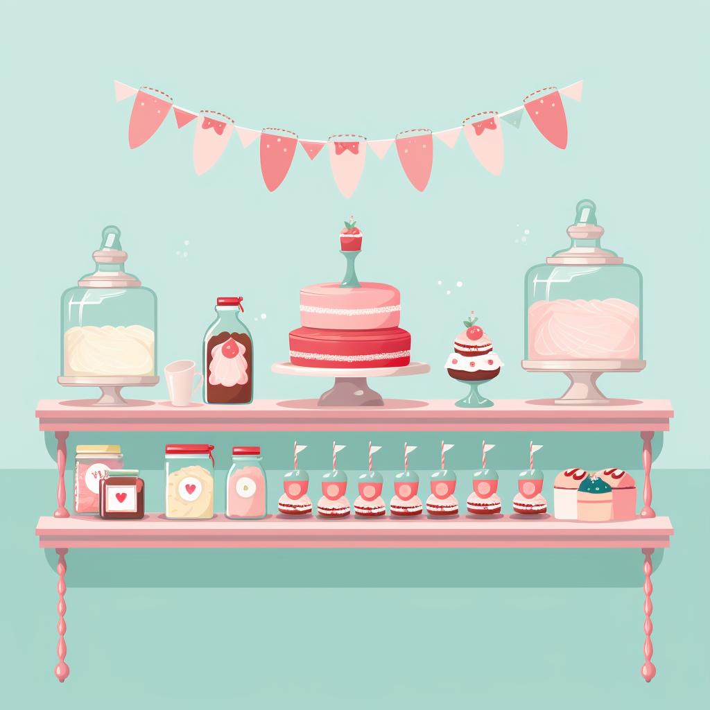 Dessert table layout with labels and decorations