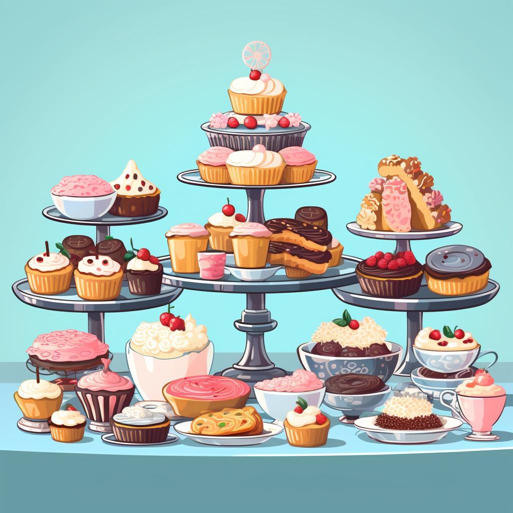A dessert table filled with various desserts and decorative items