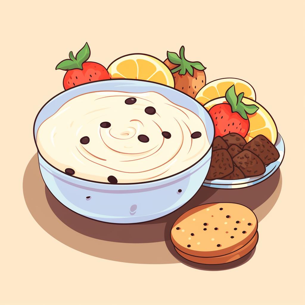 A bowl of garnished dessert dip with cookies and fruits on the side