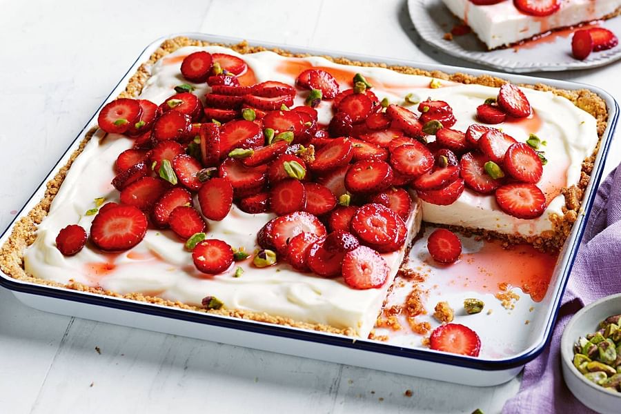 Delicious gluten-free strawberry cheesecake on a plate