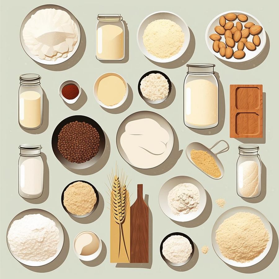 A variety of gluten-free baking ingredients spread out on a table