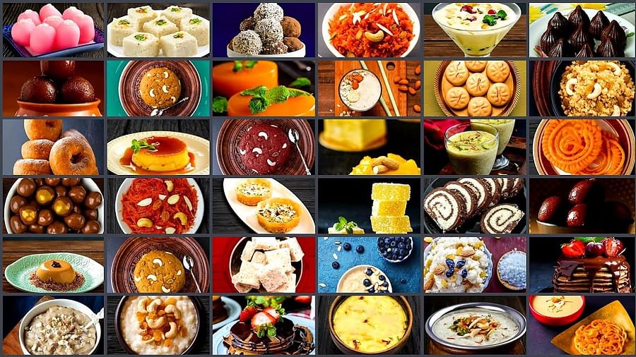 Colorful collage of assorted Indian sweets like Jalebi and Gulab Jamun