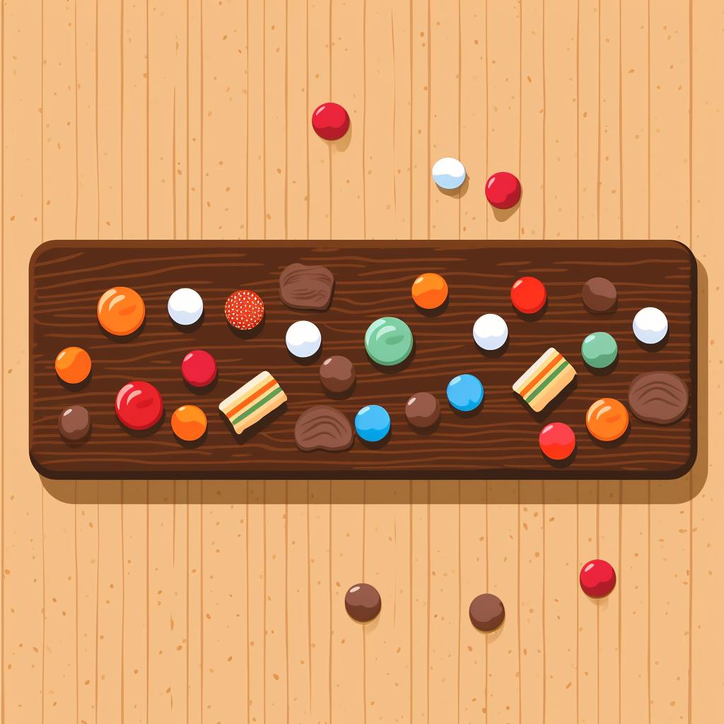 Chocolates and candies scattered on a wooden board