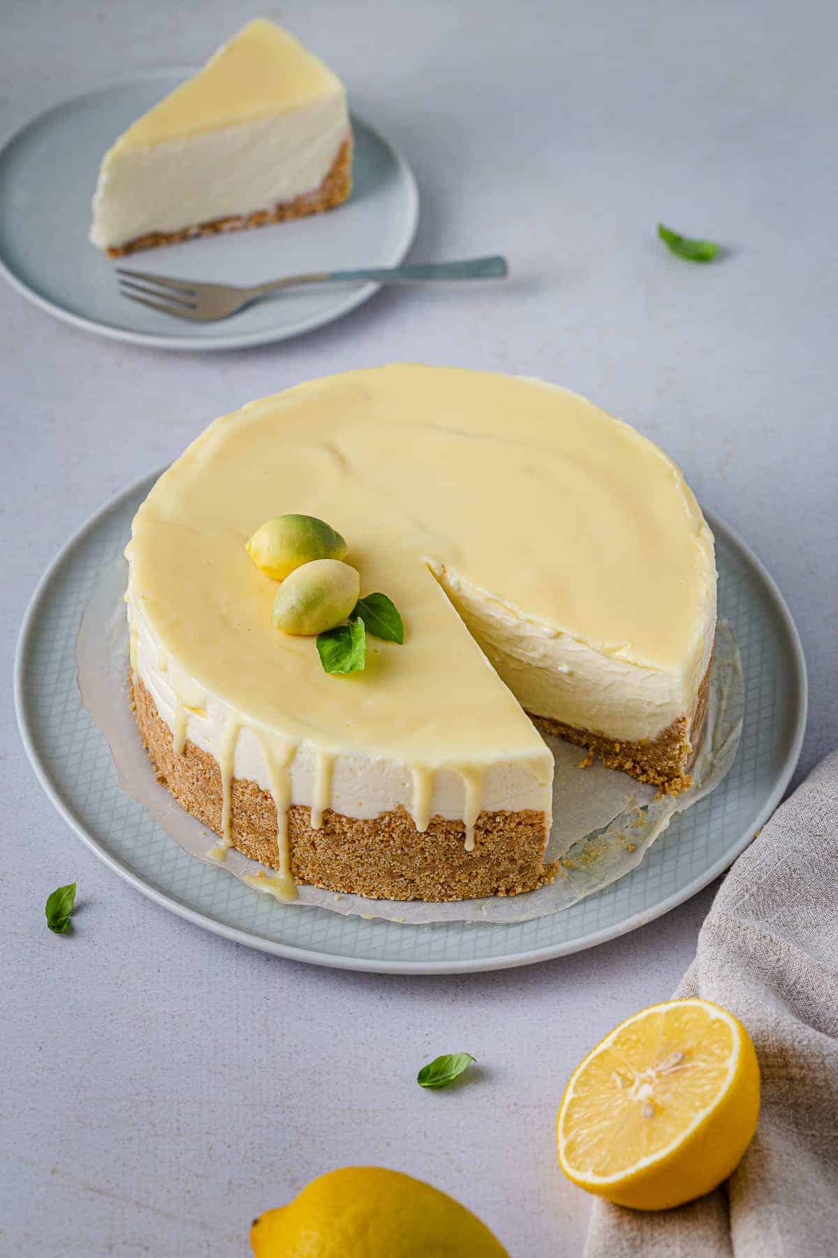 Delicious no-bake lemon cheesecake on a plate