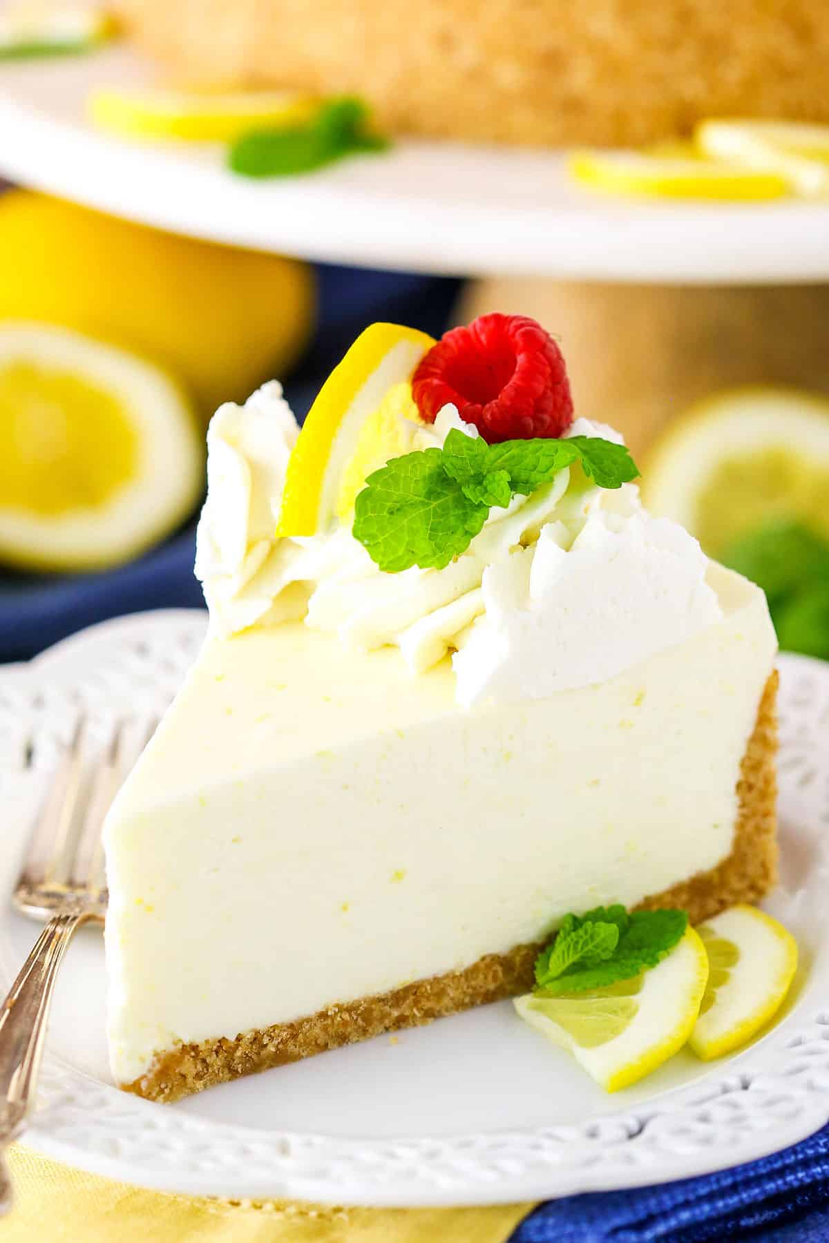 Delicious no-bake lemon cheesecake on a white plate